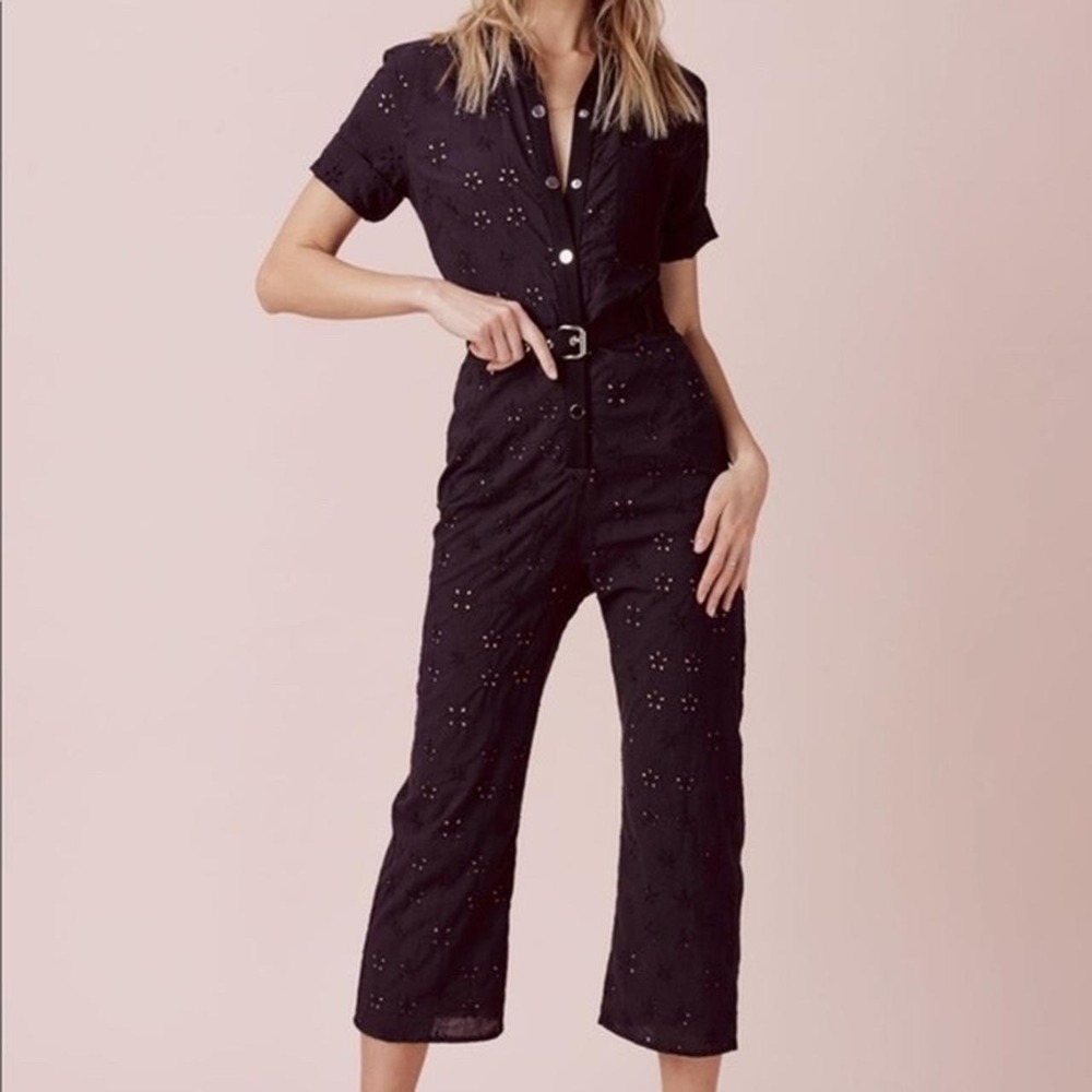 For Love & Lemons Jumpsuit Women S Black Eyelet Cotton Short Sleeve Gold Buttons